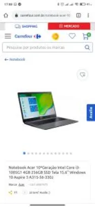 Notebook Acer 10ºGeração Intel Core i3-1005G1 4GB 256GB SSD Aspire 3 | R$2749
