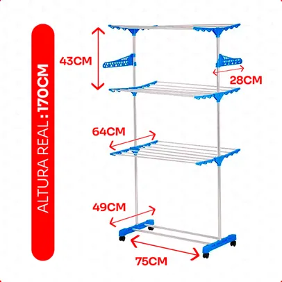 Varal de chão 3 Andares em Alumínio com Rodas, Azul