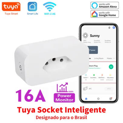 Tomada Inteligente 16a Tuya Padrão Brasileiro com Monitor de Energia - WIFI, Alexa e Google