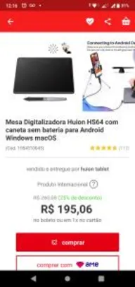 Mesa Digitalizadora Huion HS64 com caneta sem bateria para Android Windows macOS | R$151