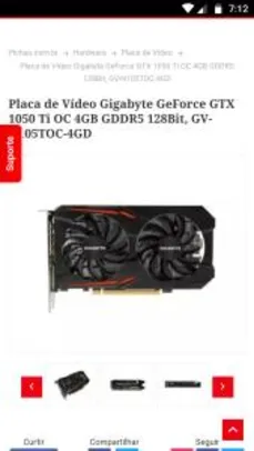 Placa de Vídeo Gigabyte GeForce GTX 1050 Ti OC 4GB GDDR5 128Bit, GV-N105TOC-4GD - R$780