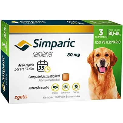 Simparic 80mg, 20,1 até 40kg, 03 Compr Zoetis para Cães