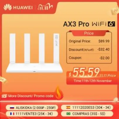 Roteador Huawei AX3 Pro Quad-Core Wi-Fi 6 300Mbps | R$349