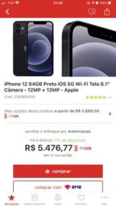 iPhone 12 64GB Preto iOS 5G Wi-Fi Tela 6.1" R$5477