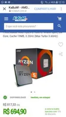 Processador AMD Ryzen 5 1600 c/ Wraith Spire, Six Core, Cache 19MB, 3.2GHz (Max Turbo 3.6GHz) AM4 | R$695