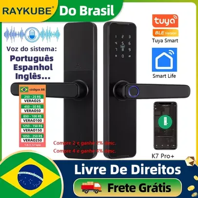 [BR] Fechadura Eletrônica Inteligente Raykube K7 Pro + Tuya com Desbloqueio Biométrico de Impressão Digital, Cartão Ic, Senha, App e Chave