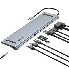 Baseus USB Tipo C 11 em 1 dock, Hub C, Estação de acoplamento USB C, Hub C de alumínio com Ethernet Gigabit, HDMI * 2, VGA, porta de microfone de áudi