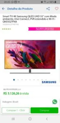 Smart TV 4K Samsung QLED UHD 55” com Modo ambiente, One Connect, PVR estendido e Wi-Fi - QN55Q7FNA R$3126