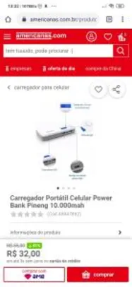 Carregador Portátil Celular Power Bank Pineng 10.000mah | R$32