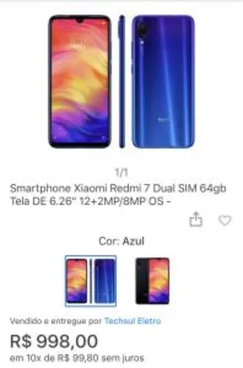 Smartphone Xiaomi Redmi 7 Dual SIM 64gb Tela DE 6.26” 12+2MP/8MP OS R$998
