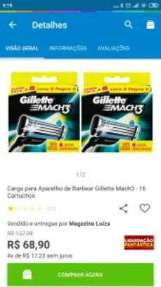 Carga para Aparelho de Barbear Gillette Mach3 - 16 Cartuchos | R$70