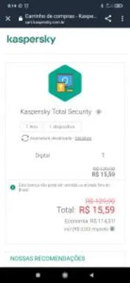 Licença Kaspersky Total Security | R$15