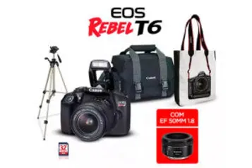 Combo EOS T6 com Lente EF 50mm, cartão de memória, tripé e bolsa - R$2060