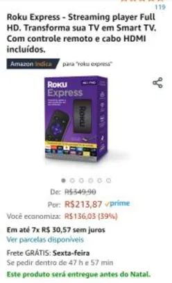 Roku Express - Streaming player Full HD. | R$ 214
