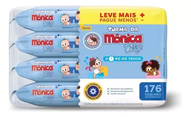 (R$ 4,51 cada) Kit Toalhas Umedecidos Hora Da Troca Com 176 Unidades Turma Da Mônica