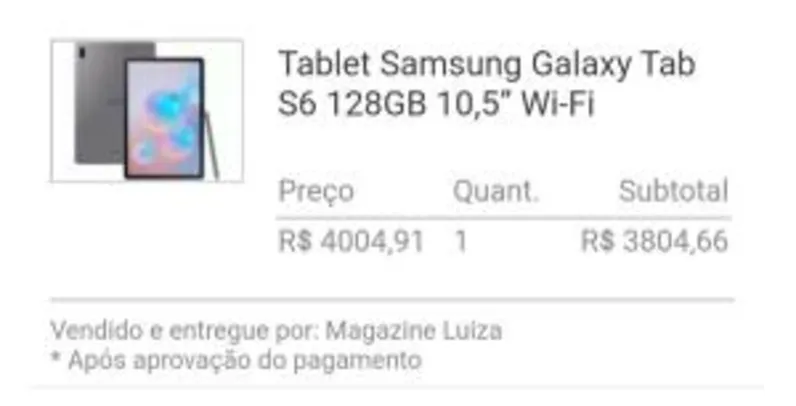 [Clube da Lu] Tablet Samsung Galaxy Tab S6 128GB | R$ 3.805