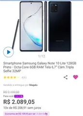 [APP + CLUBE DA LU]Smartphone Samsung Galaxy Note 10 Lite 128GB Preto - Octa-Core 6GB RAM Tela 6,7” Câm.Tripla Selfie 32MP