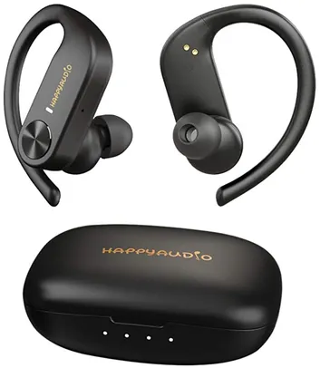 HAPPYAUDIO S1 Bluetooth 5.0 TWS Fone de ouvido sem fio esportivo com ganchos de ouvido Controle de volume do microfone integrado