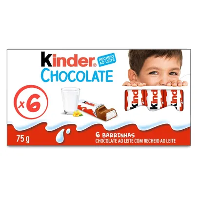 Kinder chocolate ao leite com recheio ao leite, 6 unidades, 75 gramas