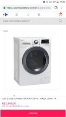 Lava e Seca LG Prime Touch WD11WP6 - 11Kg 6 Motion 14 Programas de Lavagem Branca 110V R$2754