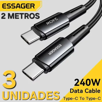 [R$ 17 CADA/TAXA INCLUSA] 3 UNIDADES Essager Cabo Tipo-C 240W PD, 2 Metros, Carregamento Super Rápido, Para iOS e Android