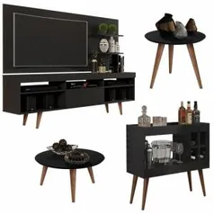 Conjunto Sala com Rack e Painel Linea / Aparador Bar Laguna / Mesa de Centro e Lateral Cissa - Preto - R$699