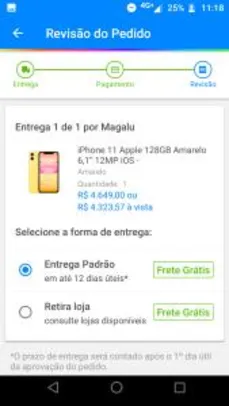iPhone 11 Apple 128GB Amarelo 6,1” 12MP iOS | R$ 4324