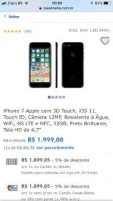 iPhone 7 Apple com 3D Touch, iOS 11, Touch ID, Câmera 12MP, Resistente à Água | R$1.900