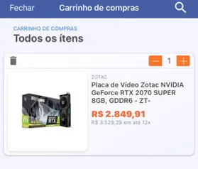 Placa de Vídeo Zotac NVIDIA GeForce RTX 2070 SUPER 8GB R$ 2850