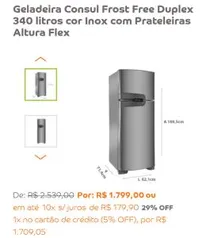 Geladeira Consul Frost Free Duplex 340 litros cor Inox com Prateleiras Altura Flex