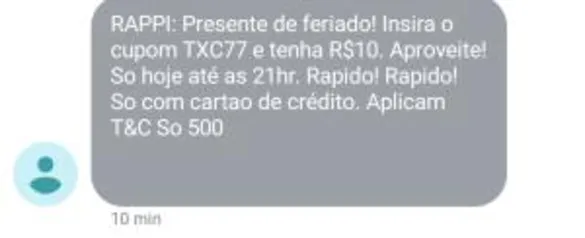 R$10 OFF na Rappi sem valor mínimo (Usuários selecionados)