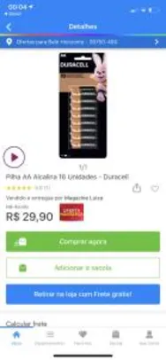 Pilha AA - 16 unidades Duracell - R$30