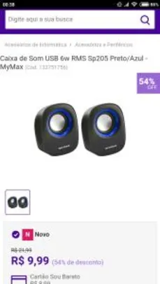 Caixa de Som USB 6w RMS Sp205 Preto/Azul - MyMax - R$10