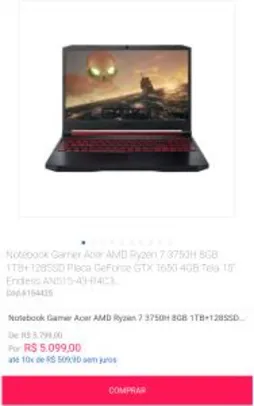 Notebook Gamer Acer AMD Ryzen 7 3750H 8GB 1TB+128SSD Placa GeForce GTX 1650 4GB Tela 15" Endless | R$5.099