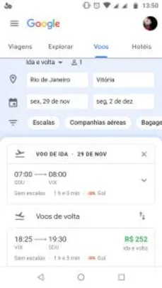 Passagem aérea para o trecho Rio de Janeiro/Vitória, ida e volta, por R$244