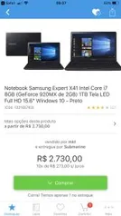 Notebook Samsung Expert X41 Intel Core i7 8GB (GeForce 920MX de 2GB) 1TB  - R$2730