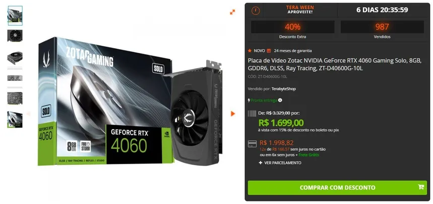 Placa de Vídeo Zotac NVIDIA GeForce RTX 4060 Gaming Solo, 8GB, GDDR6, DLSS, Ray Tracing, ZT-D40600G-10L