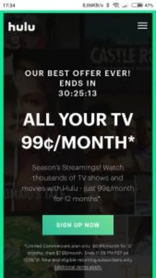 Assinatura Hulu $1/mês durante um ano