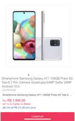 Smartphone Samsung Galaxy A71 128GB R$ 1899