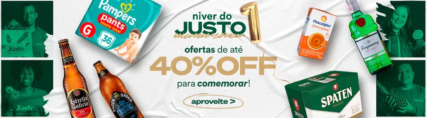 40% OFF na primeira compra acima de R$ 350 Justo Supermercado