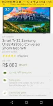 Smart Tv 32 Samsung Un32j4290ag Conversor 2hdmi 1usb Wifi | R$889