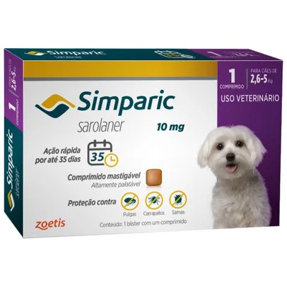 Simparic 10 mg Antipulgas e Carrapatos para cães 2,6 a 5 kg 1 Compr
