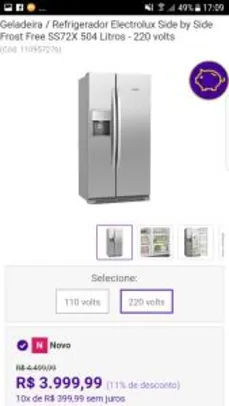 Geladeira / Refrigerador Electrolux Side by Side Frost Free SS72X 504 Litros - 220 volts