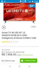 Smart TV 4K LED 50” LG 50UM7510PSB Wi-Fi HDR - Inteligência Artificial 4 HDMI 2 USB