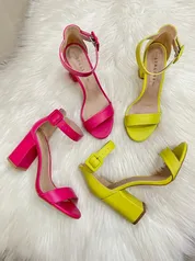 Sandália em Couro Salto Bloco com Fivela - Lia Line - Pink / Verde Lima Neon