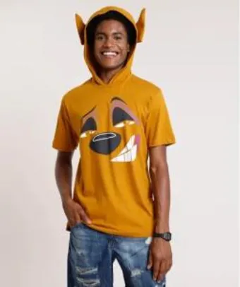 Camiseta masculina carnaval timão o rei leão com capuz e orelhas manga curta caramelo