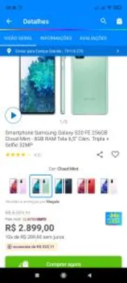 Smartphone Samsung Galaxy S20 FE 256GB Cloud Mint - 8GB RAM Tela 6,5” - R$2899