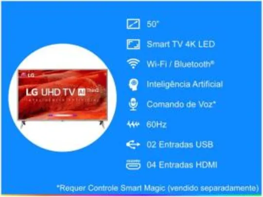 Smart TV 4K LED 50” LG 50UM7510PSB Wi-Fi HDR - Inteligência Artificial 4 HDMI 2 USB - R$1899