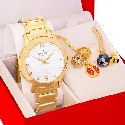 Relógio Champion Feminino Dourado Analógico CN25869W + Pulseira Berloques