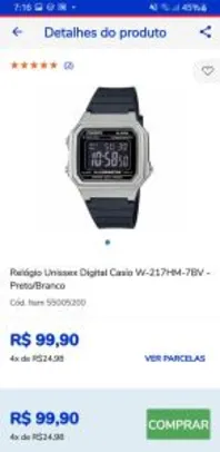 Relógio Unissex Digital Casio W-217HM-7BV - Preto/Branco R$99